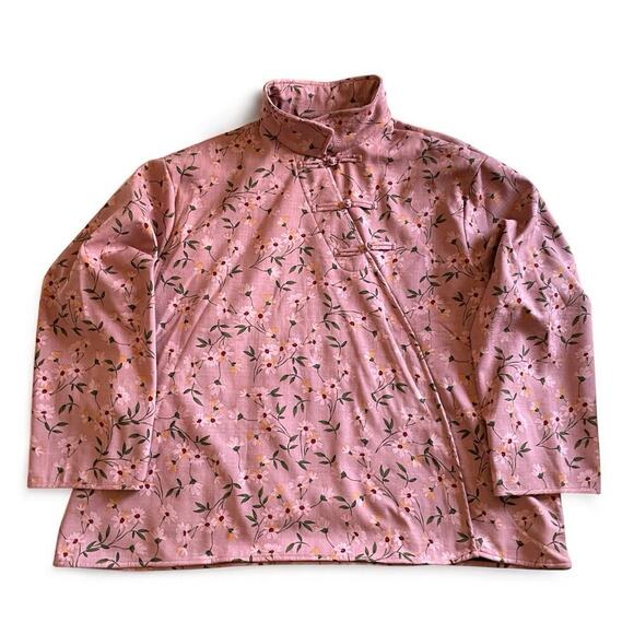 Chinese Tang Suit Jacket Womens Sz 4XL Plus Pink Floral Fleece Lined Cottagecore - Picture 1 of 10